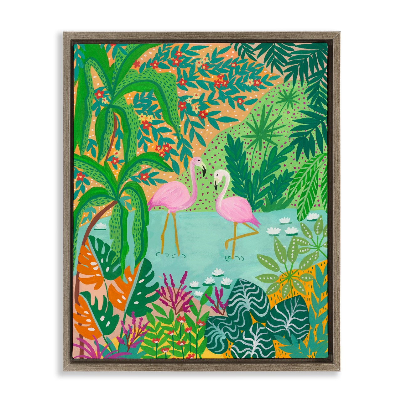 Stupell Industries Flamingos in Dotted Pond Floating Frame, design by Nabeela Rumi